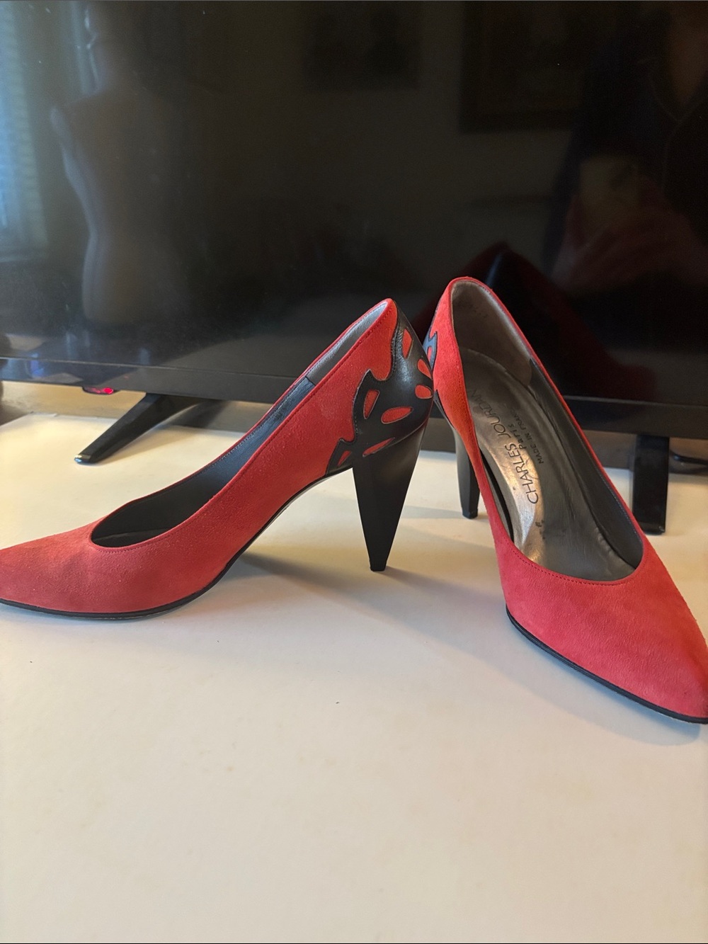 Fabulous Charles Jourdan Red Suede Pumps with Black Heel Cutout